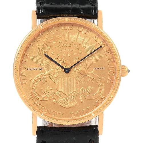 The image shows a Corum Coin Watch 20 DOLLARS COIN DATED 1897 YEAR Men's Yellow Gold Black Dial 20 DOLLARS COIN DATED 1897 YEAR Men's Yellow Gold Black Dial model from a front angle, displaying its gold-toned coin dial and black leather strap.