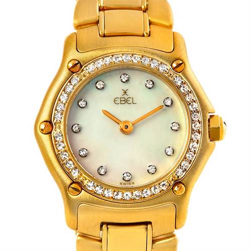 This image shows a front view of the Ebel 890910 Women's Yellow Gold Mother of Pearl Dial 890910 Women's Yellow Gold Mother of Pearl Dial Ladies 18K Yellow Gold Diamond Watch 890910.