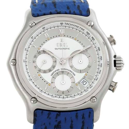 The image shows a front view of the Ebel 9137241 Stainless Steel Silver Dial 9137241 Stainless Steel Silver Dial Le Modulor Automatic Chronograph Blue Strap Watch 9137241, displaying the dial and blue strap.