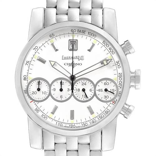 This Eberhard 31041 Men's Stainless Steel White Dial 31041 Men's Stainless Steel White Dial Chrono 4 Steel Chronograph Automatic Mens Watch 31041 model is shown from the front, highlighting its dial and subdials.
