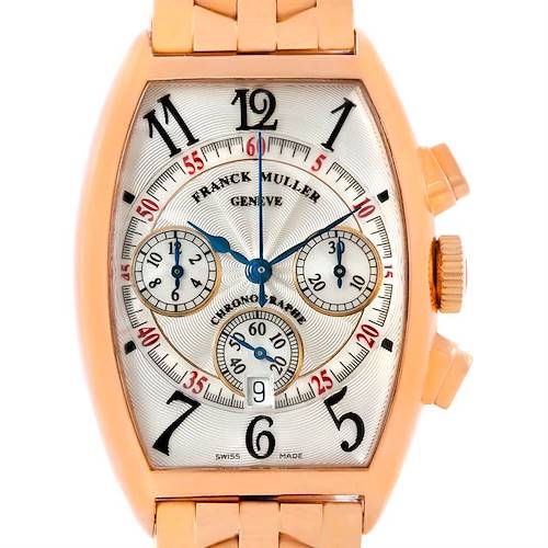 The image shows the face of the Franck Muller Casablanca 5850 CC AT Men's Rose Gold Silver Dial 5850 CC AT Men's Rose Gold Silver Dial watch, highlighting its chronograph dials, numerals, and gold case.