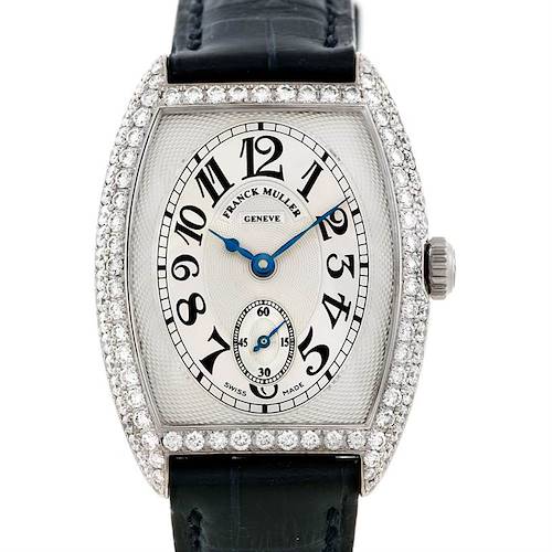 The image shows a close-up front view of the Franck Muller 7502 S6 D Women's White Gold Silver Dial 7502 S6 D Women's White Gold Silver Dial Chronometro 7502 S6 D 18K White Gold Diamond Watch with a black leather strap.