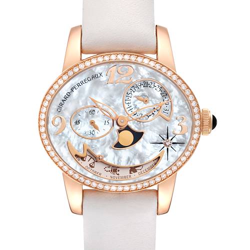 The image shows the face of a Girard Perregaux Cat's Eye Rose Gold Mother Of Pearl Diamond Ladies Watch 80483 model by Girard-Perregaux 80483D52A761-KK7A Women's Rose Gold Mother of Pearl Dial 80483D52A761-KK7A Women's Rose Gold Mother of Pearl Dial.