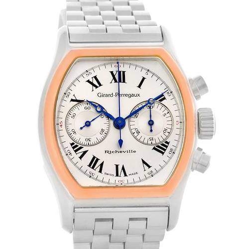 The image shows the front view of a Girard Perregaux Richeville Chronograph Steel and Rose Gold Watch 2710 by Girard-Perregaux 2710 Men's Stainless Steel Silver Dial 2710 Men's Stainless Steel Silver Dial, displaying its face and bracelet.
