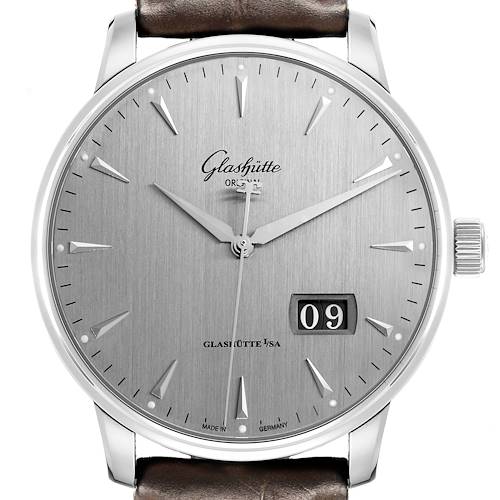The Glashutte Senator 1-36-03-03-02-31 Men's Stainless Steel Silver Dial watch is shown from the front, highlighting its dial, hands, and date display.