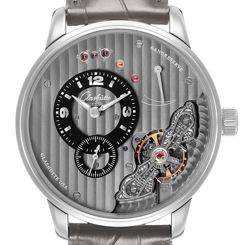 The Glashütte Original watch is shown from the front, displaying its face, sub-dials, and intricate movement details.