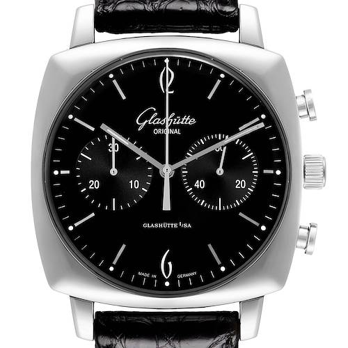 The image displays a head-on view of the Glashütte Senator model 1-39-34-02-32-04, showing its dial, subdials, and side pushers.
