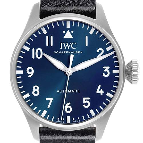 The IWC Pilot IW329303 Men's Stainless Steel Blue Dial IW329303 Men's Stainless Steel Blue Dial model watch is shown from the front, displaying the dial, hands, crown, and part of the strap.