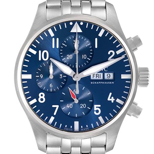 The IWC Pilot IW378004 Men's Stainless Steel Blue Dial watch is shown from a top-down angle, highlighting the blue dial, subdials, crown, and part of the bracelet.