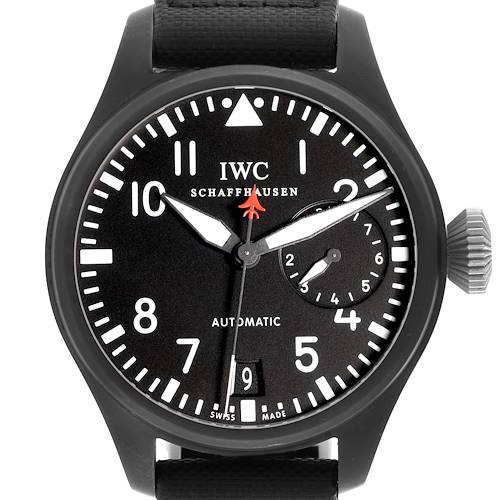 This image shows a close-up, front view of the IWC Pilot IW501901 Men's Ceramic Black Dial IW501901 Men's Ceramic Black Dial watch, featuring its dial, hands, crown, and strap.