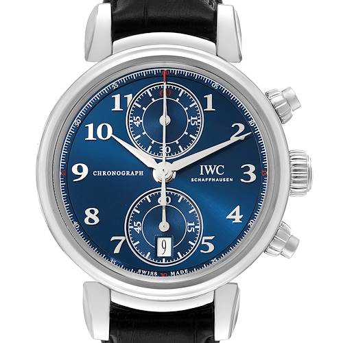 This image shows a frontal view of the IWC Da Vinci IW393402 Men's Stainless Steel Blue Dial IW393402 Men's Stainless Steel Blue Dial chronograph watch, highlighting its blue dial and black leather strap.