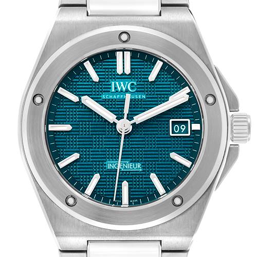 The IWC Ingenieur IW328903 Men's Stainless Steel Blue Dial watch is shown from a front angle, highlighting the dial, hands, bezel, and crown.