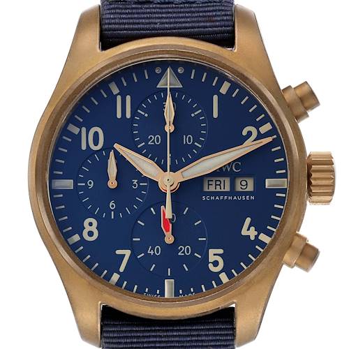 The image shows a front view of the IWC Pilot IW388109 Men's Bronze Blue Dial IW388109 Men's Bronze Blue Dial model watch, displaying the dial, hands, subdials, crown, and pushers.