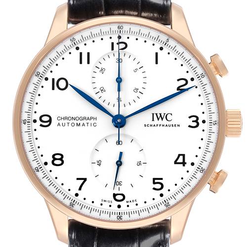 The IWC Portuguese IW371603 Men's Rose Gold White Dial IW371603 Men's Rose Gold White Dial watch is shown from a front angle, displaying its face, dial, hands, and part of the strap.