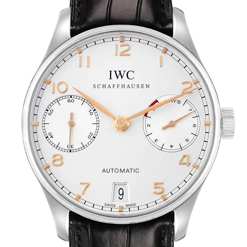 The IWC Portuguese IW500114 Men's Stainless Steel Silver Dial watch is shown from a front angle, displaying the face, hour markers, subdials, and a date window.