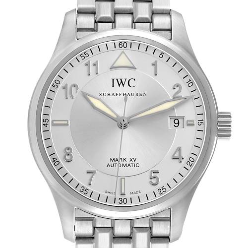 The IWC Pilot IW325505 Men's Stainless Steel Silver Dial IW325505 Men's Stainless Steel Silver Dial Mark XV watch is shown from the front, displaying its dial, hands, numerals, and bracelet.