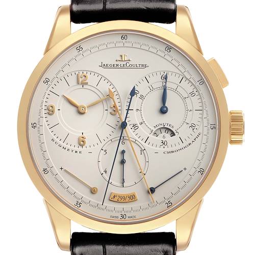 The image shows a frontal view of the Jaeger-LeCoultre Duometre watch, highlighting its dial, subdials, and gold case.