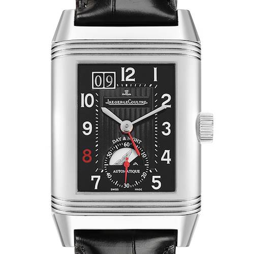 The Jaeger-LeCoultre Reverso watch is shown front-on, displaying its dial, crown, and leather strap.