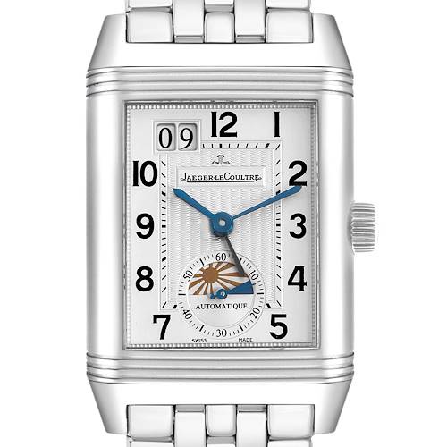 The image shows a frontal view of the Jaeger LeCoultre Reverso Q3038120 Men's Stainless Steel Silver Dial watch, highlighting its dial, hands, and crown.