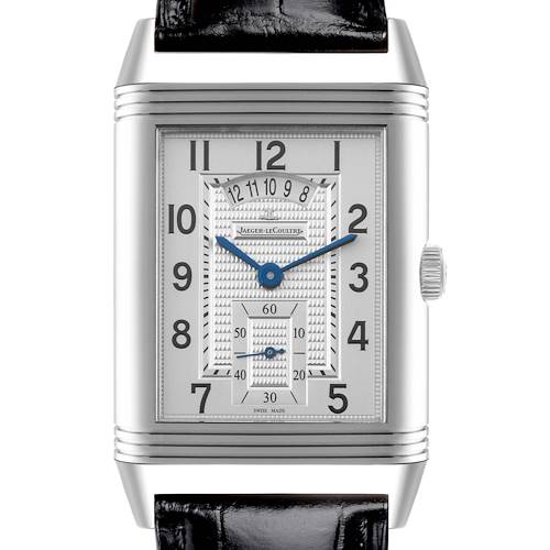 The Jaeger-LeCoultre Reverso watch is shown from a front view, highlighting its rectangular face, guilloché pattern, and crown.