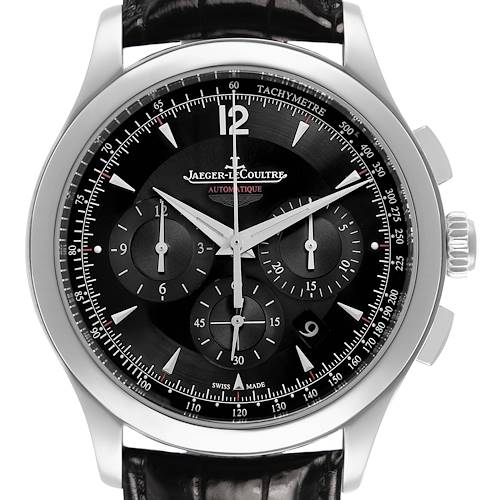 The Jaeger-LeCoultre Master model watch is shown from a frontal angle, highlighting its black dial, tachymetre, and subdials.