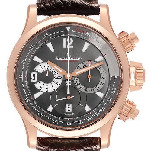 The Jaeger LeCoultre Master 146.2.25 Men's Rose Gold Brown Dial 146.2.25 Men's Rose Gold Brown Dial model is shown from the front, displaying its dial, tachymeter, subdials, and rose gold case.