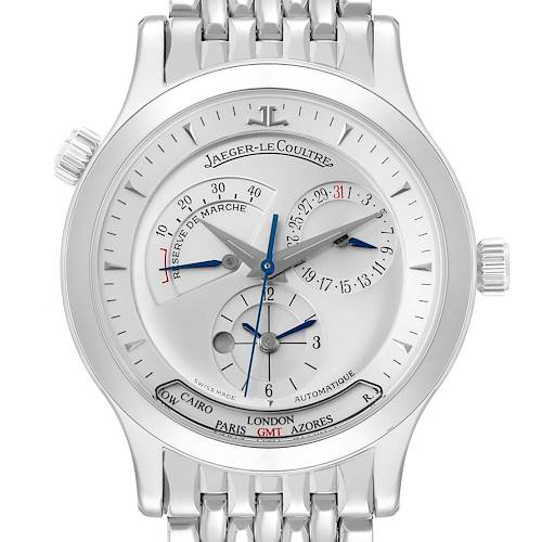 The Jaeger-LeCoultre Master model is shown from the front, displaying its dial, hands, subdials, and part of the bracelet.