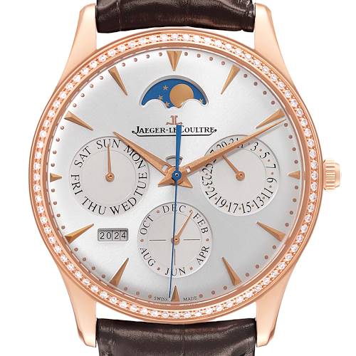 The image shows a front view of the Jaeger LeCoultre Master Q1302501 Men's Rose Gold Silver Dial Q1302501 Men's Rose Gold Silver Dial model watch, highlighting its dial, hands, subdials, and moon phase.