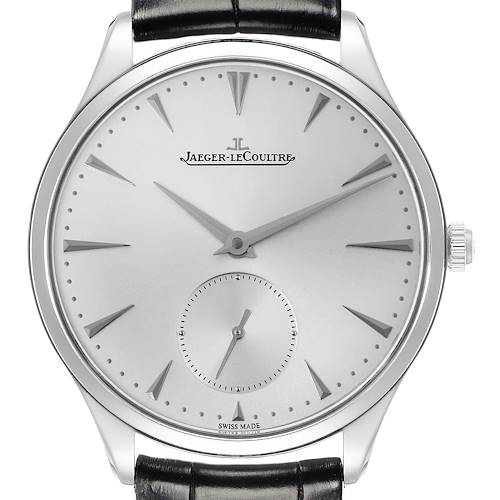The Jaeger LeCoultre Master 171.8.90.S Q1278420 Men's Stainless Steel Silver Dial watch is shown from the front, displaying the face, hands, crown, and a portion of the leather strap.