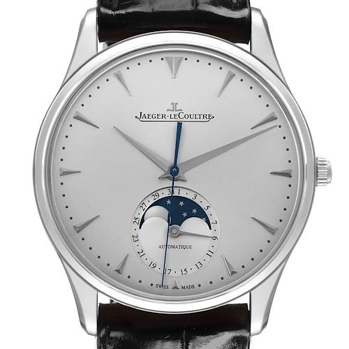The Jaeger LeCoultre Master Q1368420 Men's Stainless Steel Silver Dial watch is shown from the front, highlighting its dial, moon phase, and black leather strap.