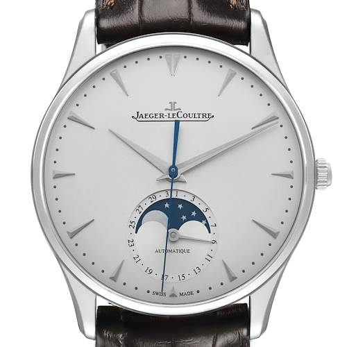 The Jaeger-LeCoultre Master model is shown from the front, highlighting the face, hands, and moon phase feature.