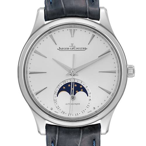 This image shows a front view of the Jaeger LeCoultre Master Q1258420 Men's Stainless Steel Silver Dial Q1258420 Men's Stainless Steel Silver Dial model with visible dial and moon phase indicator.