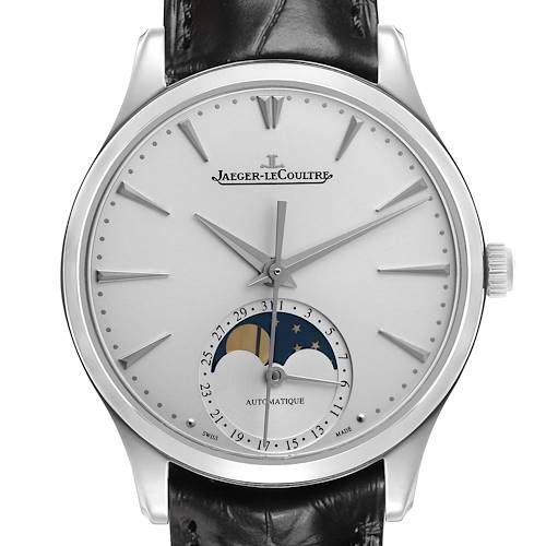 The Jaeger-LeCoultre Master watch is shown from a front angle, highlighting the dial, moon phase, and automatic movement.