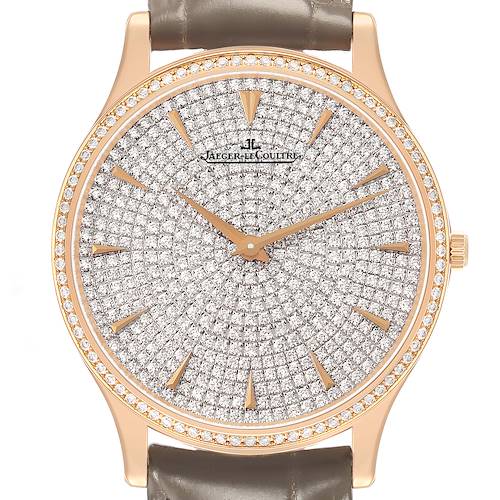 The Jaeger LeCoultre Master Q1452507 Women's Rose Gold Silver Dial watch is shown from the front, highlighting its diamond-studded dial and rose gold case.
