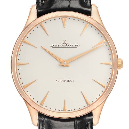 The image shows a front view of the Jaeger-LeCoultre Master watch, focusing on the dial, hands, and case.