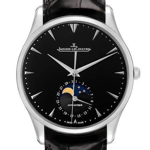 The Jaeger LeCoultre Master Q1368470 Men's Stainless Steel Black Dial watch is shown from the front, displaying the dial, moon phase, and brand logo.