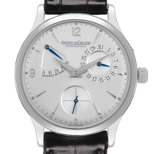 The Jaeger LeCoultre Reverso 140.8.93 Men's Stainless Steel Silver Dial watch is shown in a straight-on angle, highlighting its dial, hands, and subdials.