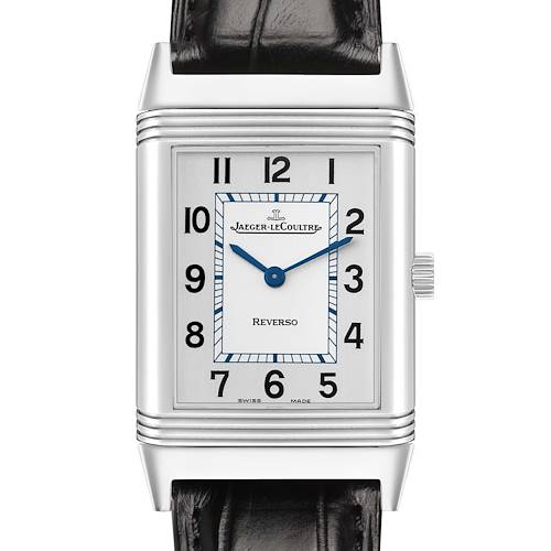 The image shows a front view of the Jaeger-LeCoultre Reverso watch, highlighting the face, case, and strap.