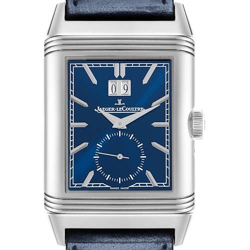 The Jaeger-LeCoultre Reverso watch is shown from the front, displaying its blue dial, rectangular case, crown, and top of the strap.