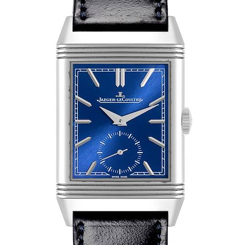 The image shows a frontal view of a Jaeger-LeCoultre Reverso watch, highlighting its blue dial and side crown.