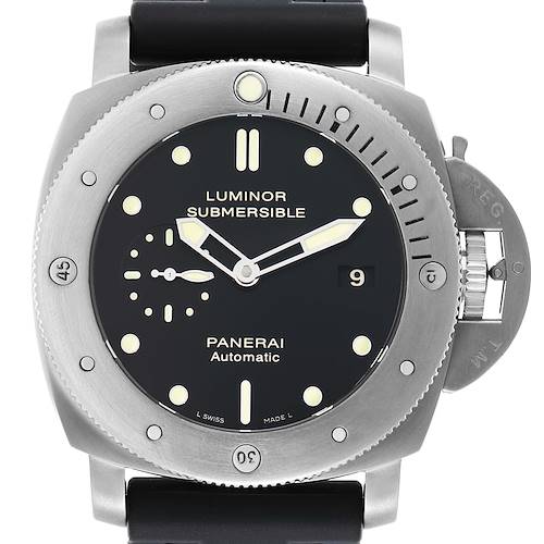 The Panerai Luminor Submersible is shown from the front, displaying the dial, bezel, and crown protector.