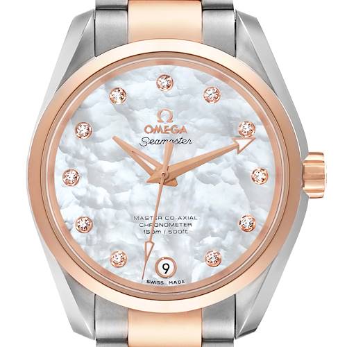 The Omega 231.20.39.21.55.003 Women's Steel and Gold (two tone) Mother of Pearl Dial Aqua Terra Rose Gold Mother of Pearl Diamond Ladies Watch is shown from the front, highlighting its face and bezel.