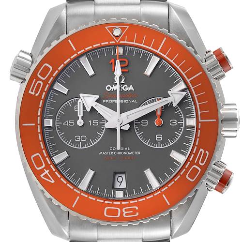 The image shows a frontal view of the Omega Planet Ocean 215.30.46.51.99.001 Men's Stainless Steel Grey Dial 215.30.46.51.99.001 Men's Stainless Steel Grey Dial watch, highlighting its dial, bezel, and subdials.