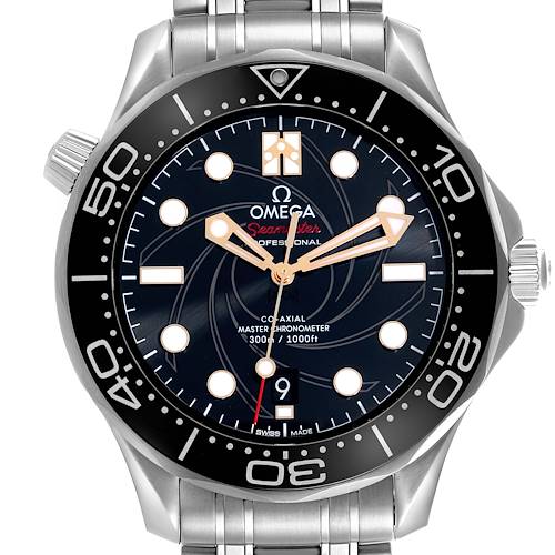 The Omega Seamaster 210.22.42.20.01.004 Men's Stainless Steel Black Dial 210.22.42.20.01.004 Men's Stainless Steel Black Dial watch is shown from a front angle, highlighting the face, bezel, and part of the bracelet.