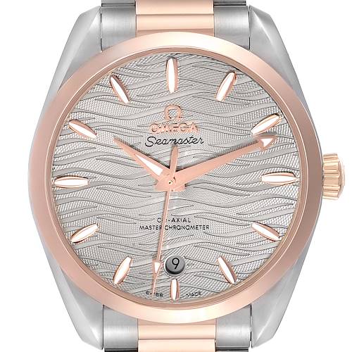 This image shows the face and part of the bracelet of the Omega Aqua Terra 220.20.38.20.06.001 Men's Steel and Gold (two tone) Grey Dial 220.20.38.20.06.001 Men's Steel and Gold (two tone) Grey Dial watch with rose gold accents.