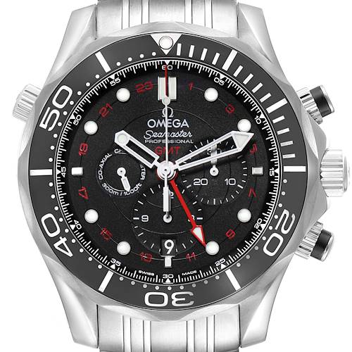 The image shows a front view of the Omega Seamaster 212.30.44.52.01.001 Men's Stainless Steel Black Dial watch, highlighting the dial, bezel, and chronograph features.