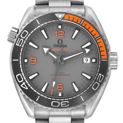 The image shows a front view of the Omega Planet Ocean model 215.90.44.21.99.001, highlighting its dial, bezel, crown, and bracelet.