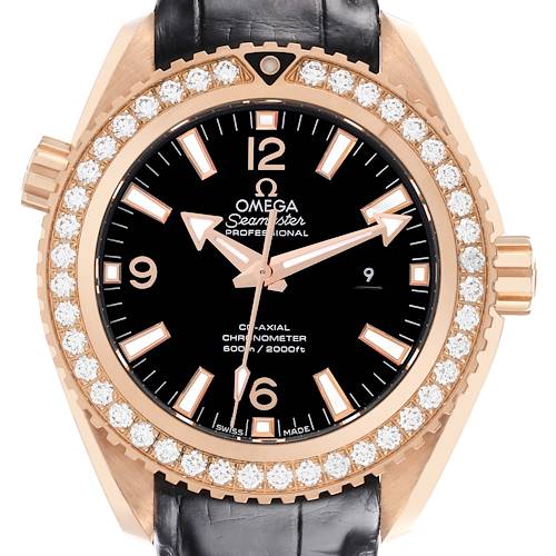 The Omega 232.58.38.20.01.001 Women's Rose Gold Black Dial 232.58.38.20.01.001 Women's Rose Gold Black Dial Seamaster Planet Ocean Rose Gold Diamond watch is shown from the front, displaying the dial, bezel, and leather strap.