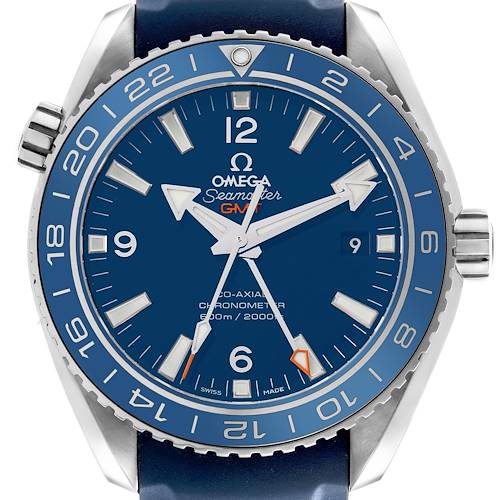 The Omega Planet Ocean 232.92.44.22.03.001 Men's Stainless Steel Blue Dial 232.92.44.22.03.001 Men's Stainless Steel Blue Dial watch is shown from a front angle, highlighting the dial, bezel, and crown.