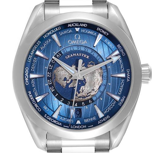 The Omega Seamaster 220.10.43.22.03.002 Men's Stainless Steel Blue Dial 220.10.43.22.03.002 Men's Stainless Steel Blue Dial watch is shown from a front angle, displaying the dial, bezel, and part of the bracelet.